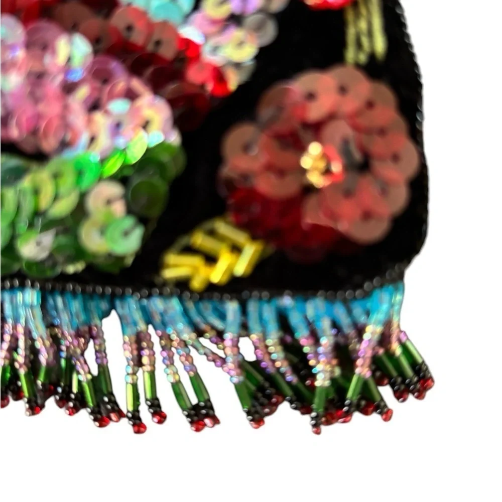 VTG Hand Beaded Velvet Crossbody Evening Bag Beaded Fringe Small Size 7X5 Floral